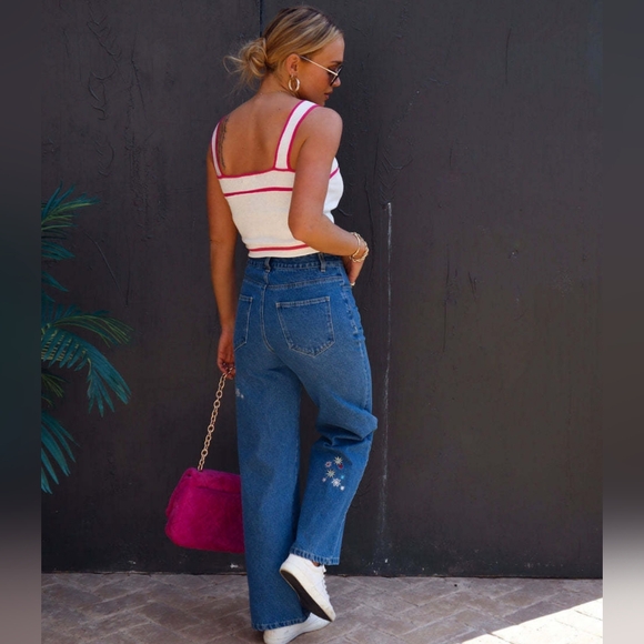 Retro High-Rise Embroidered Daisy Flower Straight Leg Hippie Cotton Denim Jeans - Picture 9 of 16